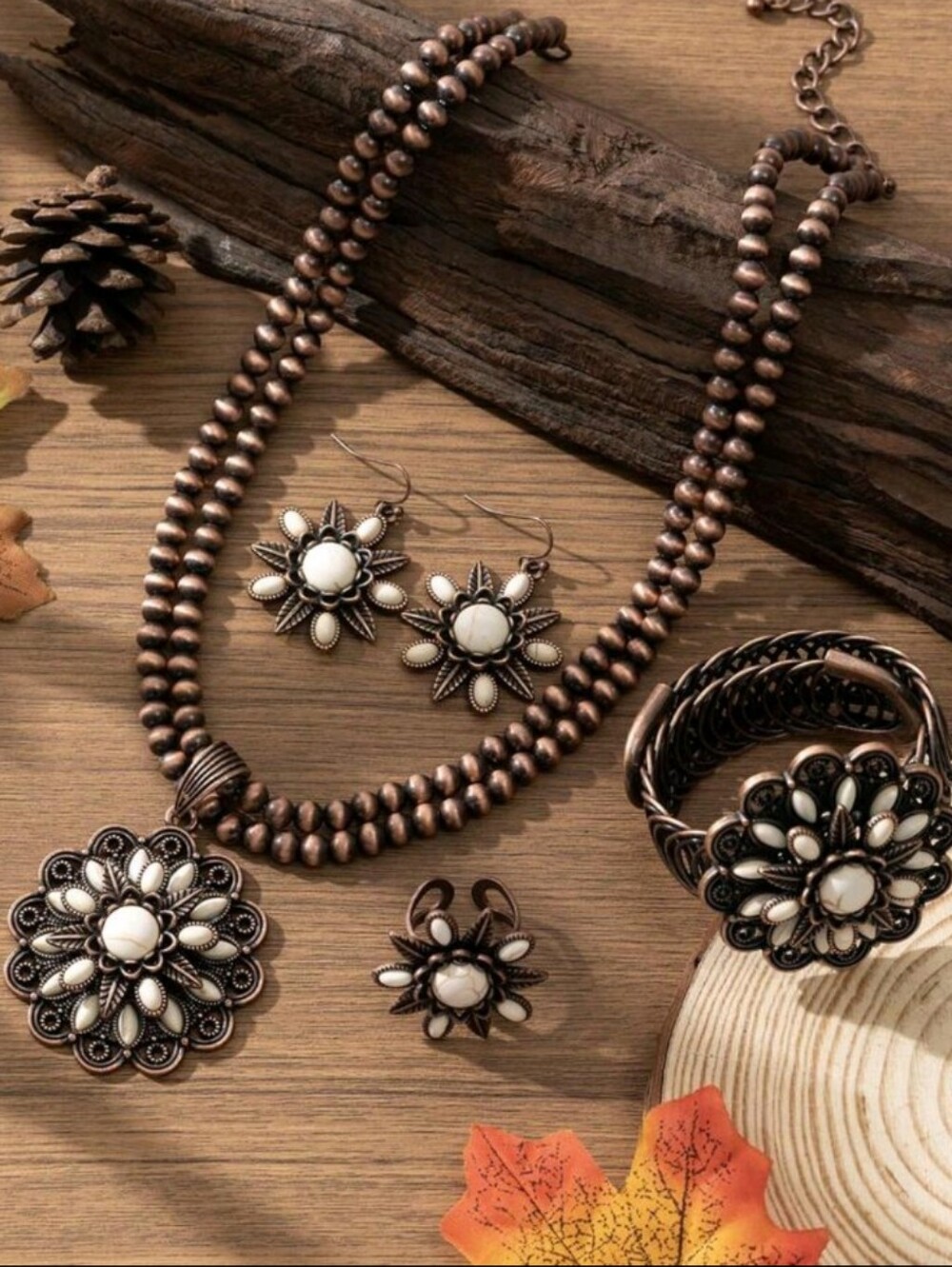 Copper-Tone Floral Filigree Necklace Set with Cream Accents